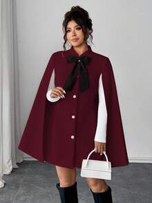 Elenzga 时尚休闲法式复古优雅珍珠纽扣蝴蝶结斗篷毛呢大衣 - 紅色 - 查看 4