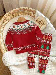 SHEIN Baby Girl Christmas 2 Pieces Set,Red Fair Isle Cute Reindeer Gingerbread Man Sweatshirt & Leggings,Matching Family Autumn Outfit For Xmas Party - Multicolor - View 2