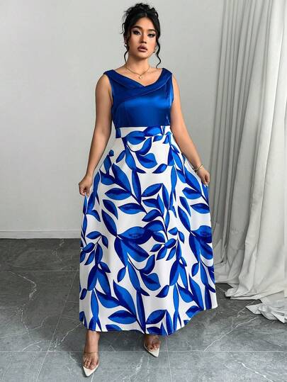 Elenzga Vestido de verano elegante con estampado de hojas y parches, sin mangas, para mujer talla grande