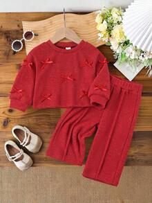 SHEIN 2 Stücke Baby Mädchen Lässig vielseitiges Langarm-Top und Hosen Set, geeignet für Frühling, Herbst und Winter, Alltagskleidung