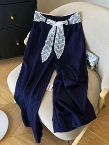 Resyla Pantalones anchos y sueltos con decoración de lazo para mujer - Azul Marino - Ver 1