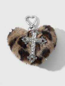 ROMWE Goth 1 件随机颜色 Y2K 可爱复古朋克高价值哥特风格棕色/灰色/玫瑰红色/粉色毛绒豹纹动物图案心形银色铆钉镂空花卉水晶十字架装饰 DIY 钥匙扣包饰，适合姐妹、闺蜜、女士、情侣、日常穿着、节日礼物 - 彩色 - 查看 22