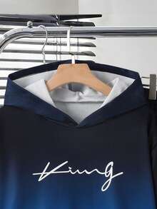 2pcs/Set Teen Boy Casual Hoodie Sweatshirt & Jogger Pants Set For Teenage Boys, Featuring Letter Graphic Print, Long Sleeve Pullover Design With Ribbed Cuffs And Hem, Paired With Minimalist Printed Gradient Color Joggers. Casual Yet, Suitable For Daily Wear And Sportswear. - Blue - View 4