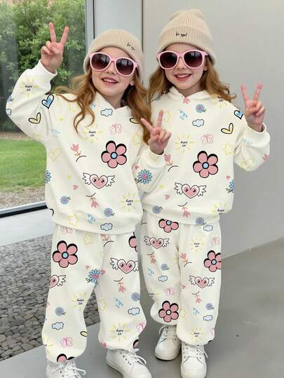 2pcs/Set Girls Autumn/Winter Fashion Creative Cute Cartoon Angel Wings Flower Heart Graphic Print Casual Warm Comfortable Outfit, Includes Hoodie Sweatshirt And Sweatpants Kids Loungewear Kids Tracksuit Girls Sleep Wear Girls Girls Pajama Set Kids Suit Girls