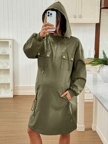 SHEIN فستان أمومة كاجوال بلون أحادي متوسط الطول مع كابوشون - أخضر عسكري - مشاهدة 7