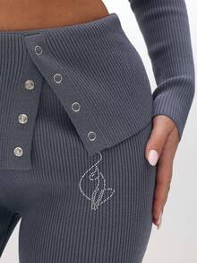 BABYPHAT Pantaloni a zampa con costine e dettagli con bottoni, vita alta, pantaloni larghi da relax - Grigio Scuro - Visualizzare 6