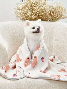 PETSIN 奶油白色草莓熊印花舒适温暖宠物毯