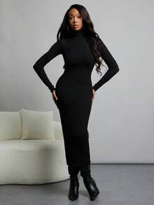 NYA SZN Dress Long Sleeve Turtle Neck Fitted Sweater Midi Length Outfits Women - Black - View 2