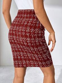 SHEIN Clasi Chân váy da giả thanh lịch có khóa kim loại bỏ túi dành cho nữ, thích hợp để đi làm, mặc thường ngày, mùa hè - Màu Đỏ Sâu - Xem 2