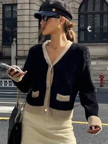 DAZY Women's Elegant Colorblock V-Neck Cardigan, Autumn - Black - View 3