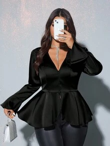Viva Relle Gaun Seksi Ukuran Besar untuk Tahun Baru, Warna Polos, Leher V Dalam, Berlipit, untuk Hari Valentine - Hitam - View 6