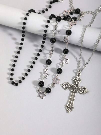 Goth 3pcs Gothic Style Black Beaded, Red Heart & Red Cross Necklace Set, Halloween Gift