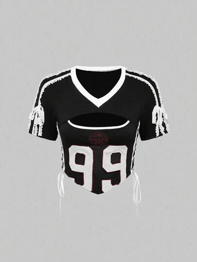 ROMWE Avant Women's Sexy Sports Ballet Lace Patchwork Embroidered Numeric Tight T-Shirt