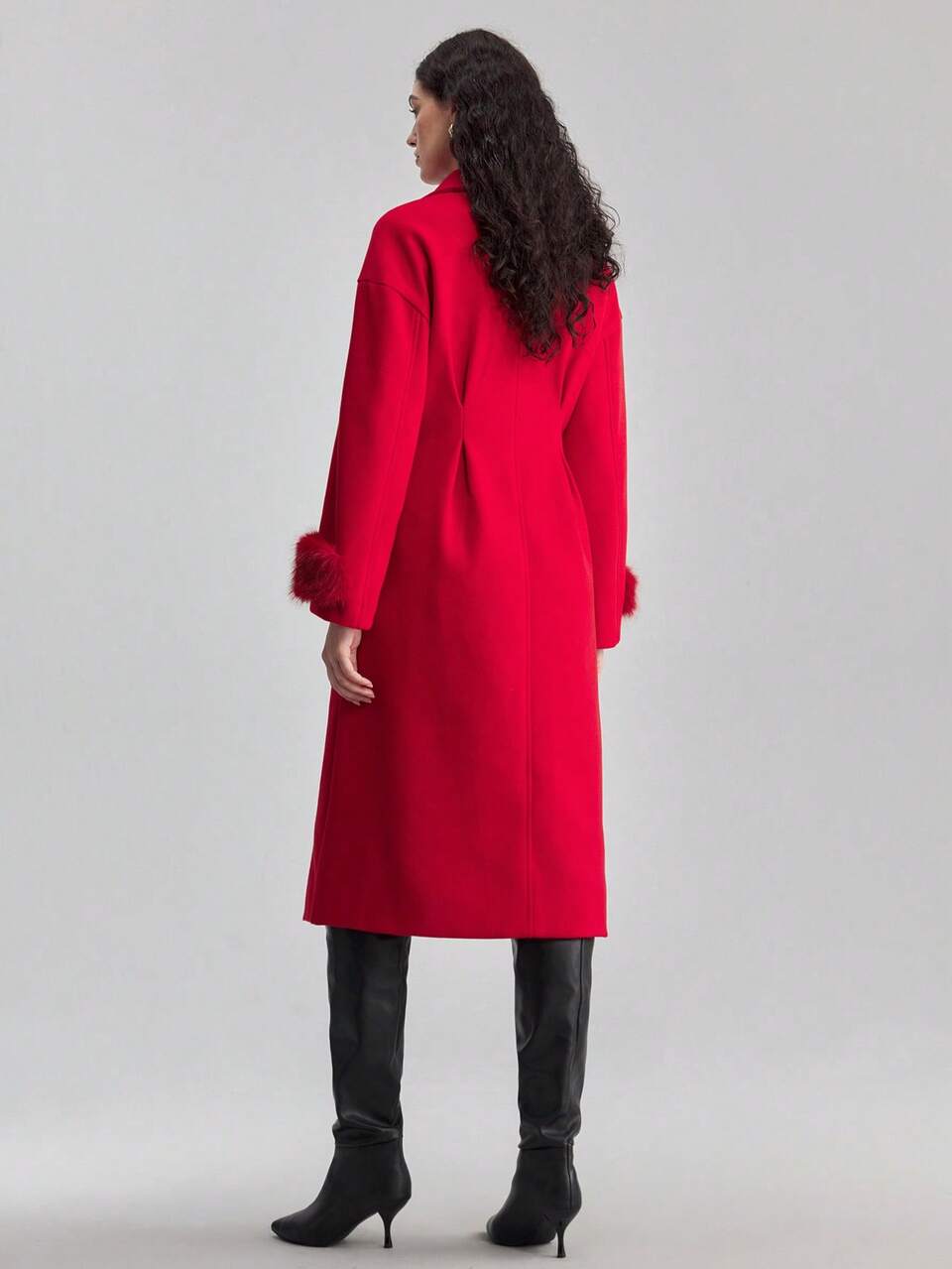 Women's Christmas Red Faux Fur Trim Waist Flare Dress,Elegant Autumn Dinner Date Workwear,Suitable For Wedding,New Year Modern Urban Fashion