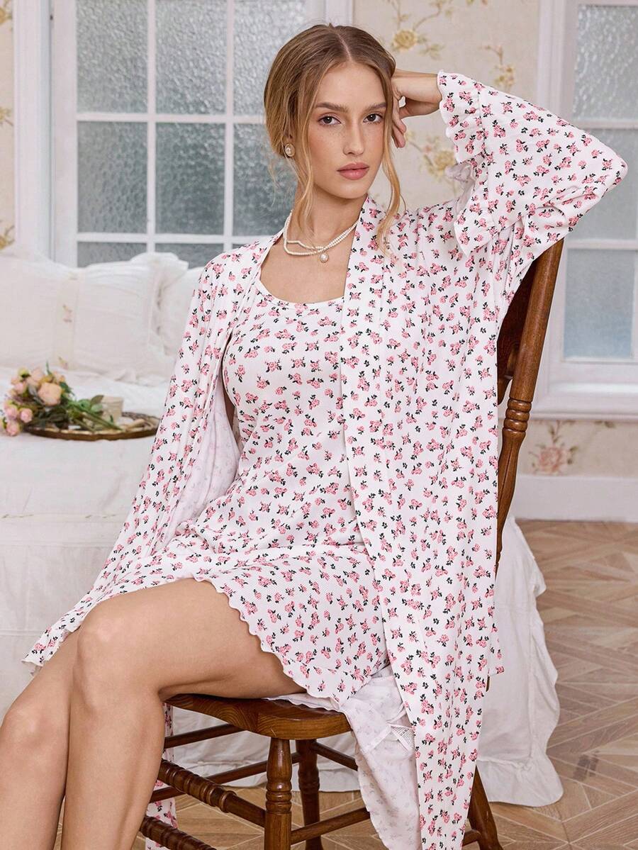 CottageSlumber 2pcs Ditsy Floral Long Sleeve Robe And Fitted Camisole Nightgown Women Sleepwear Pajama Set, Fall Winter Clothes - Pink - View 1