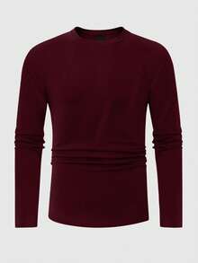 Manfinity Homme Plus Size Men's Solid Color Crew Neck Long Sleeve Pleated T-Shirt - Burgundy - View 3
