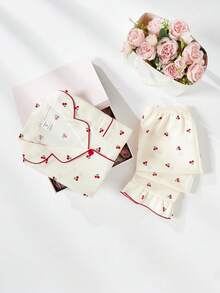 Girls Pajama Set Thermal Loungewear 2-Piece Set - Cream Red Cherry Pajamas Sweet Cherry Print Lapel Design Cream Red Vintage Elegant Color Thermal Knit Fabric Long Sleeve Lapel Top Pants Cherry Combo Social Media Style Sweet Vintage Autumn Winter Spring Holiday Essential Tween Girl Home Set Two Pieces Sleepwear Set Pajamas Set Two Pieces - Apricot - View 3