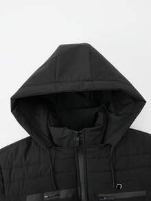 Manfinity Homme Áo khoác mùa đông dài tay có mũ, màu trơn, lót giữ nhiệt, khóa kéo, dây rút, dành cho nam. - màu đen - Xem 5
