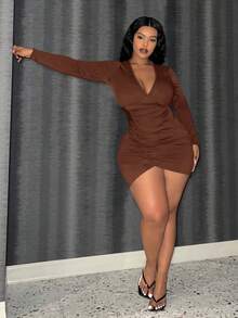 Slaydiva Plus Size Fashionable Sexy Solid Color Ruched Bodycon Dress, Autumn - Brown - View 1