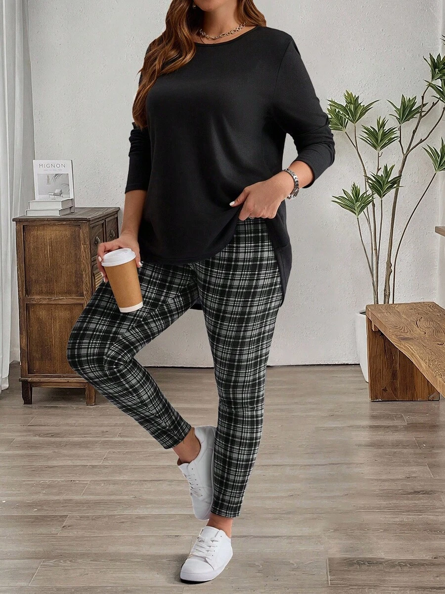 EMERY ROSE Bộ áo thun đen và quần legging kẻ caro dành cho nữ, trang phục mặc nhà mùa đông, quần kẻ caro nữ, bộ đồ mặc nhà 2 mảnh cho nữ, bộ đồ kẻ caro nữ, phong cách thường ngày. - Nhiều màu - Xem 1