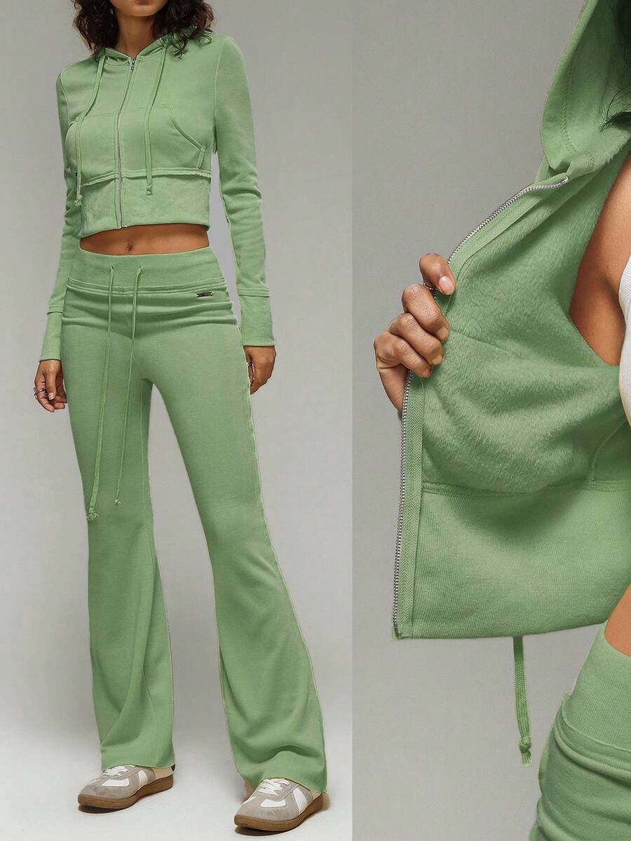 SHEIN Forever 21 Women's Solid Color Casual Hooded Fleece Jacket - Green - View 1