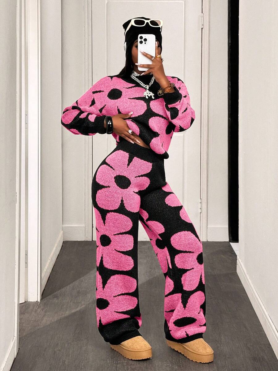 BamGleam Bộ 2 áo len và quần trễ vai họa tiết hoa thường ngày dành cho nữ, Thu/Đông - Màu Hồng Tươi - Xem 1