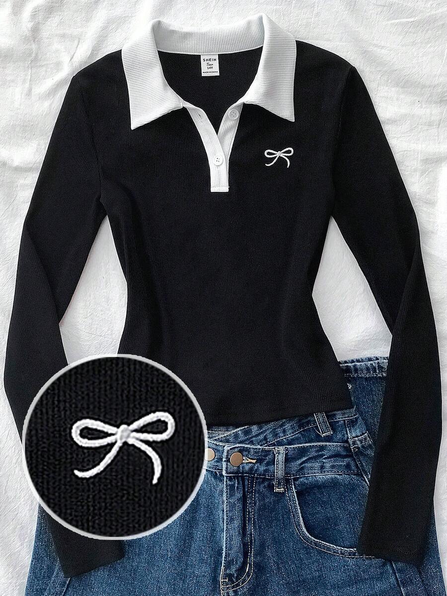 Teen Girl Contrast Color Splice Collar Long Sleeve Bow Decor Casual T-Shirt