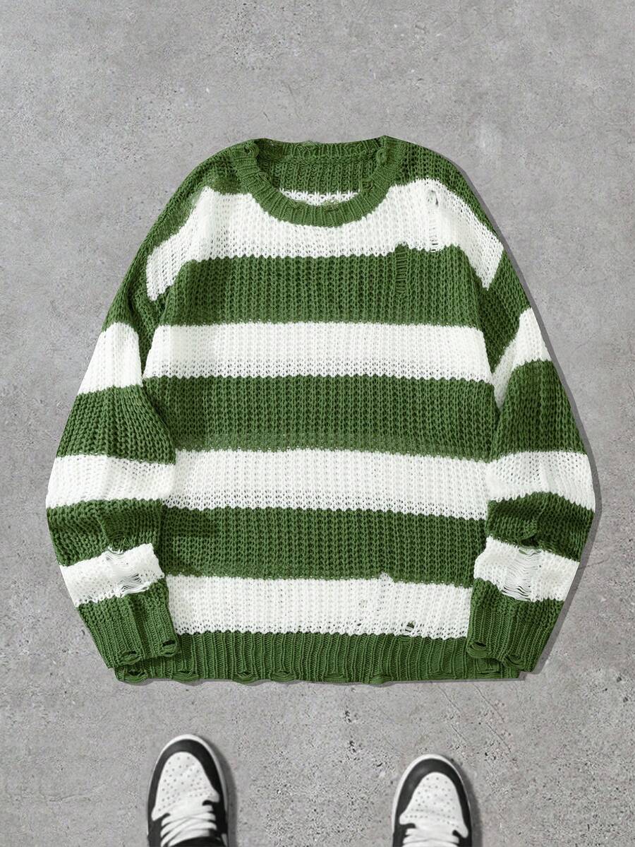 Manfinity EMRG Sweater Rajut Longgar Bergaris Kasual Pria dengan Kerah Bulat dan Bahu Jatuh, Musim Gugur/Dingin - MultiWarna - View 1