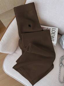 Elamini 女式休闲百搭户外白色刺绣长款系带针织毛衣裤 - 棕色 - 查看 6