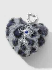 ROMWE Goth 1 件随机颜色 Y2K 可爱复古朋克高价值哥特风格棕色/灰色/玫瑰红色/粉色毛绒豹纹动物图案心形银色铆钉镂空花卉水晶十字架装饰 DIY 钥匙扣包饰，适合姐妹、闺蜜、女士、情侣、日常穿着、节日礼物 - 彩色 - 查看 8