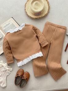 Blossori  Young Girls' French Elegant Faux Collar Lace Patchwork Pullover Sweater & Knit Pants Set, Girl Knit Set, Little Girl Autumn Suit,Cozy Fall & Winter Styles - Khaki - View 2