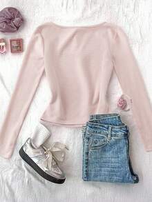 SHEIN 少女粉色纯色圆领修身休闲短款长袖T恤，适合冬季穿着，秋季上衣，节日、万圣节、圣诞节、新年皆宜，是圣诞礼物的理想之选。适合秋冬季日常休闲穿着和上学穿着，舒适保暖，是秋冬季居家休闲、街头风的理想选择。浅粉色可爱上衣 - 粉色 - 查看 2