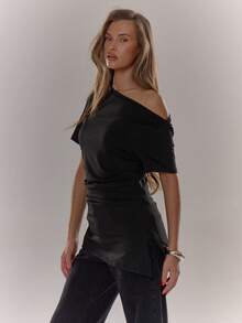 MUSERA 收腰宽松露肩T恤，休闲度假必备单品，露肩上衣，假日机场夜生活外出上衣，性感秋冬优雅 - 黑色 - 查看 4