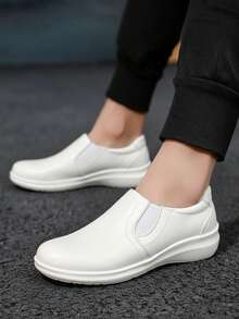 Zapato on para hombre de piel suave, punta redonda, sin cordones, tacón bajo, estilo formal para oficina y diario - Blanco - Ver 3