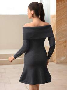 Modelyn Colorful Rhinestone Off Shoulder Women Sweater Dress - Dark Grey - View 6