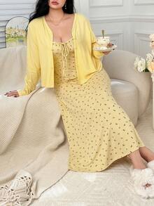 Dazy Plus 2pcs/Set Elegant Ditsy Floral Fitted Camisole Maxi Nightgown & Solid Color Cardigan Sleepwear Set, Plus Size
