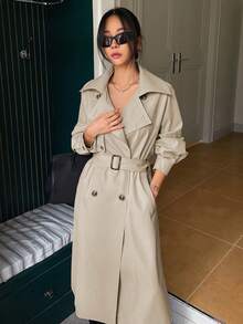 DAZY Women Solid Color Front Button Long Sleeve Casual Trench Coat Women Jacket, Fall Women Clothes Modest Fashion - Khaki - View 5