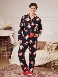 CoupledUp Jultomten Tecknat Mönster Slag Långärmad Topp & Byxor Pyjamas Set För Herr, Höst Vinterkläder, Jul - Svart - Visa 4