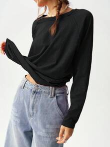 Bohemela Camiseta de manga raglán de cuello redondo de unicolor casual y diaria, talla grande, otoño - Negro - Ver 5