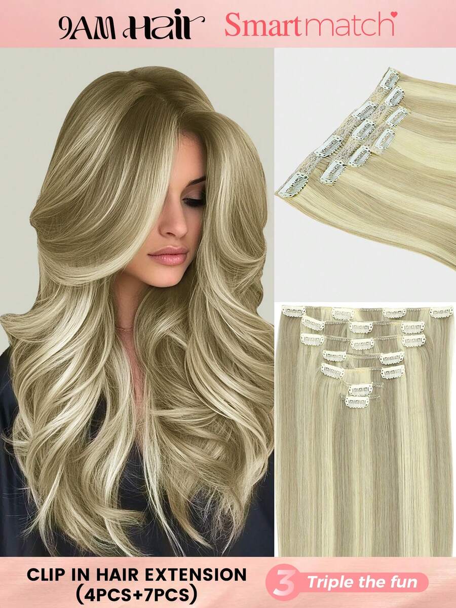 SMART&MATCH Clip In Hair Extensions Real Human Hair, Remy Human Hair Extensions Clip Ins For Women, Natural Human Hair, 14-20 Inch 2 Packs (4pcs+7pcs) - S18/613 - View 1