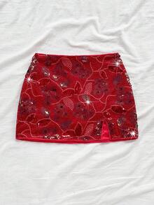 Soleia WYWH 度假浪漫派对复古西式橙色闪光刺绣低腰高开衩迷你裙女士 - 紅色 - 查看 3