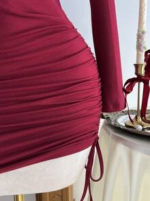 Elamini Vestido mini ajustado con cordón de cintura, parches de encaje, para oficina/fiesta, color rojo vino, Navidad