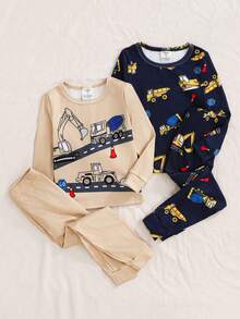 4pcs Young Boy Snug Fit Pajama Set,Cartoon Car Excavator Fire Truck Print Long Sleeve Top & Pants,Autumn Family Matching Cotton Tween Lounge Clothes - Royal Blue - View 1