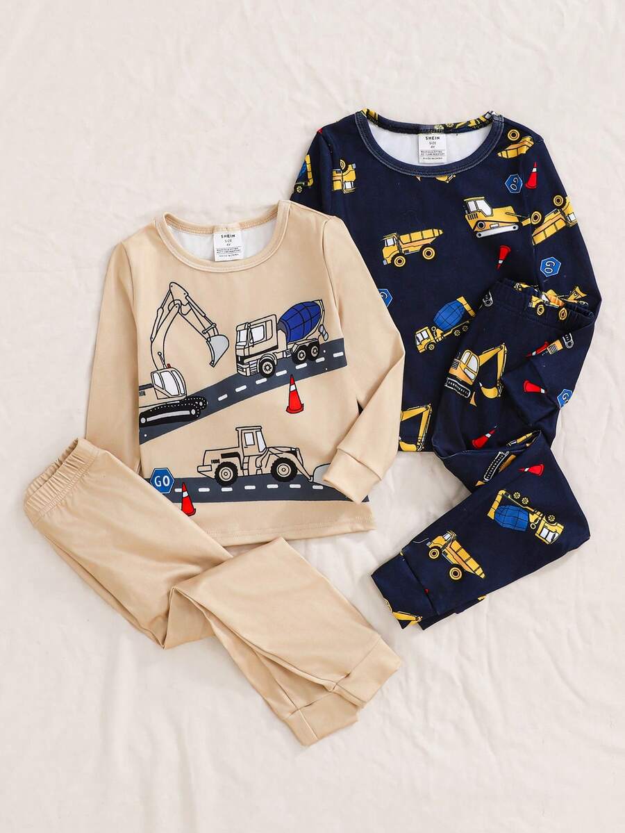 4pcs Young Boy Snug Fit Pajama Set,Cartoon Car Excavator Fire Truck Print Long Sleeve Top & Pants,Autumn Family Matching Cotton Tween Lounge Clothes - Royal Blue - View 1