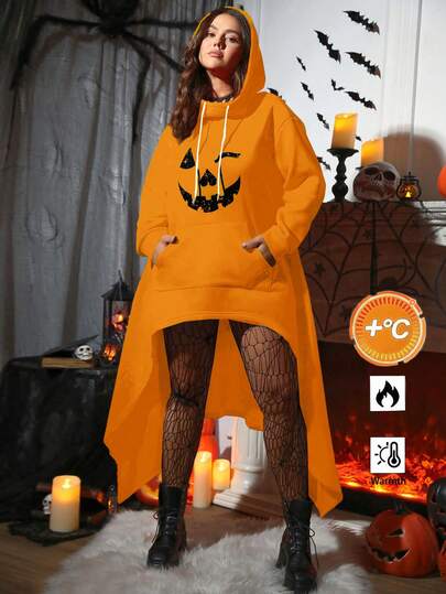 SHEIN LUNE Plus Size Women Pumpkin Print Long Sleeve Sweatshirt With Pockets And Drawstring Hem, Casual For Autumn/Winter