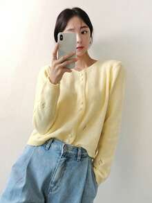 DAZY Solid Button Front Cardigan,Long Sleeve Tops,Fall Clothes - Yellow - View 4