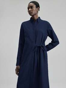 Ontre 女士纯色腰带设计长衬衫裙，都市通勤商务休闲连衣裙，优雅办公室装，适合圣诞派对、新年、度假、海滩 - 藏蓝色 - 查看 3