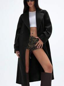 GENKIRA 秋冬新款宽松柔软羊毛大衣女装，优雅风范 - 黑色 - 查看 3