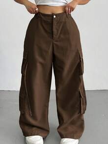SHEIN Tall CURVE 秋季大码休闲纯色宽松翻口袋工装裤 - 咖啡棕 - View 1