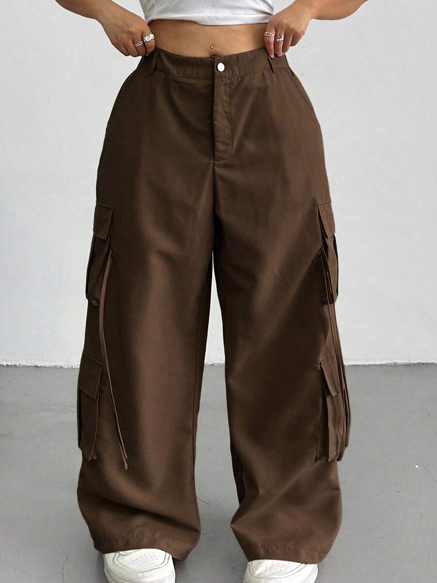 SHEIN Tall CURVE 秋季大码休闲纯色宽松翻口袋工装裤 - 咖啡棕 - View 1